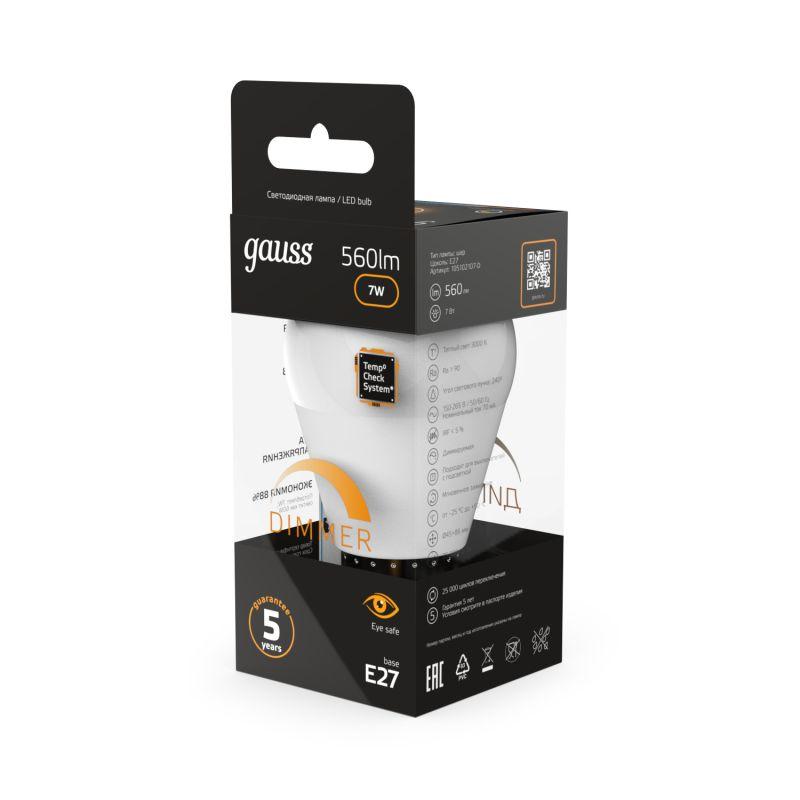 Лампа светодиодная Black 7Вт P45 шар 3000К тепл. бел. E27 560лм диммир. GAUSS 105102107-D фото в каталоге от BTSprom.by