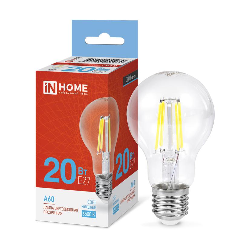лампа светодиодная филаментная led-a60-deco грушевидная прозрачная 20вт 230в e27 6500к 1890лм in home 4690612055930 от BTSprom.by