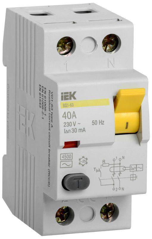 выключатель дифференциального тока (узо) 2п 40а 30ма тип ac вд1-63 iek mdv10-2-040-030 от BTSprom.by