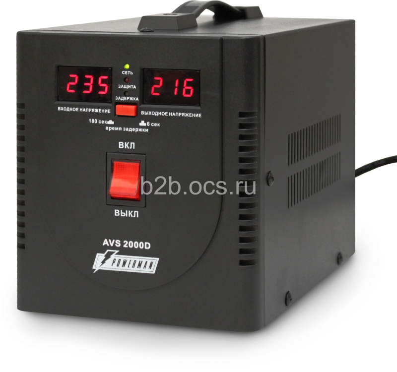 стабилизатор avs 2000d ступенчатый регулятор цифровые индикаторы уровней напряжения 2000в.а 140-260в макс. входной ток 12а 2 евророзетки ip-20 напольный 200ммх160ммх190мм 4.9кг черн. powerman 1000425524 от BTSprom.by
