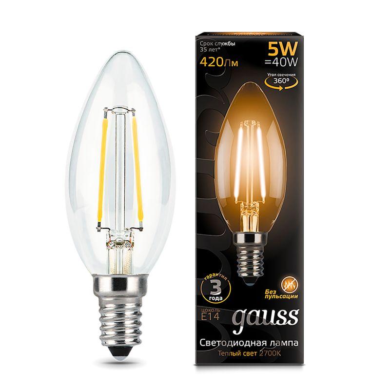 лампа светодиодная филаментная black filament 5вт свеча 2700к тепл. бел. e14 420лм gauss 103801105 от BTSprom.by