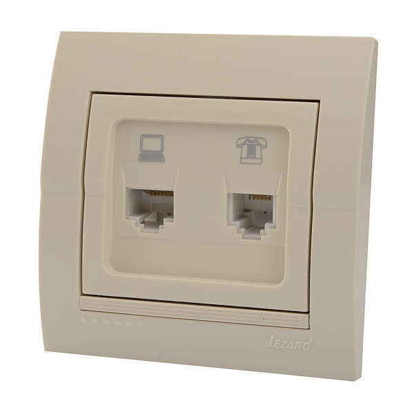розетка компьютерная + телефонная 2-м сп deriy rj45 + rj11 ip20 крем. lezard 702-0303-143 от BTSprom.by