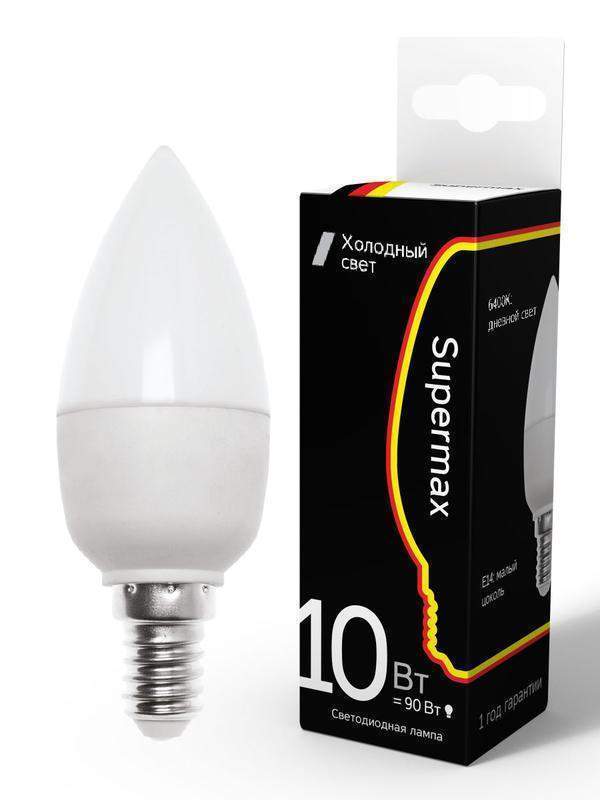 лампа светодиодная supermax 10вт свеча 6400к e14 230в космос sup_led10wcne1464 от BTSprom.by