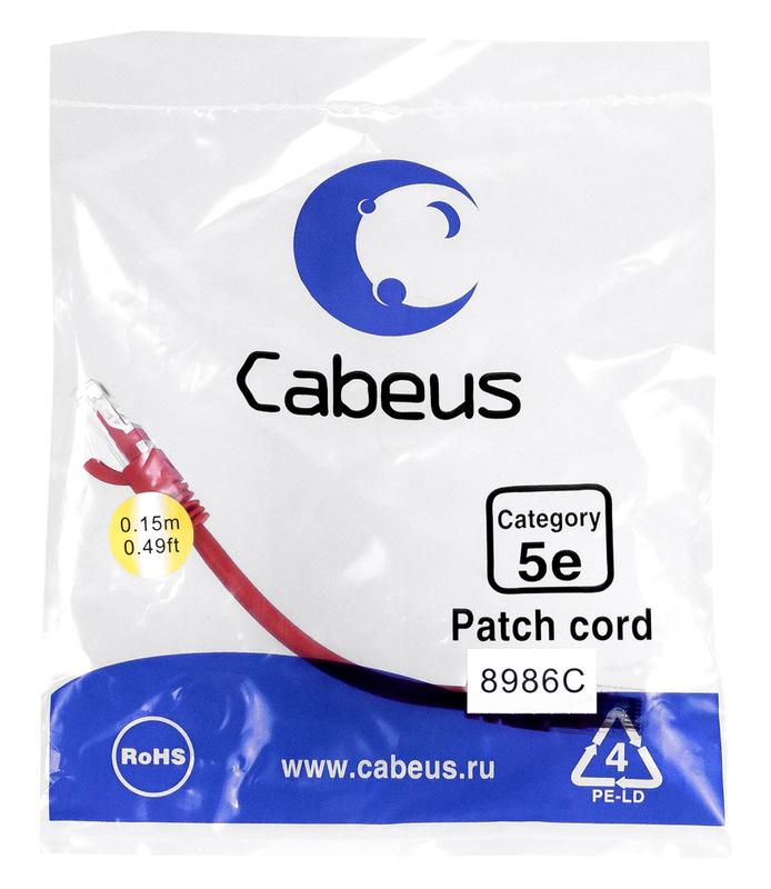 патч-корд u/utp кат.5e pc-utp-rj45-cat.5e-0.15m-rd 2xrj45/8p8c неэкранир. pvc 0.15м красн. cabeus 8986c от BTSprom.by