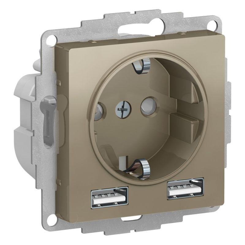 розетка 1-м сп atlasdesign 16а ip20 с 2-мя заряд. устройствами usb тип a+a 5в/2.4а 2х5в/1.2а механизм шампань se atn000530 от BTSprom.by