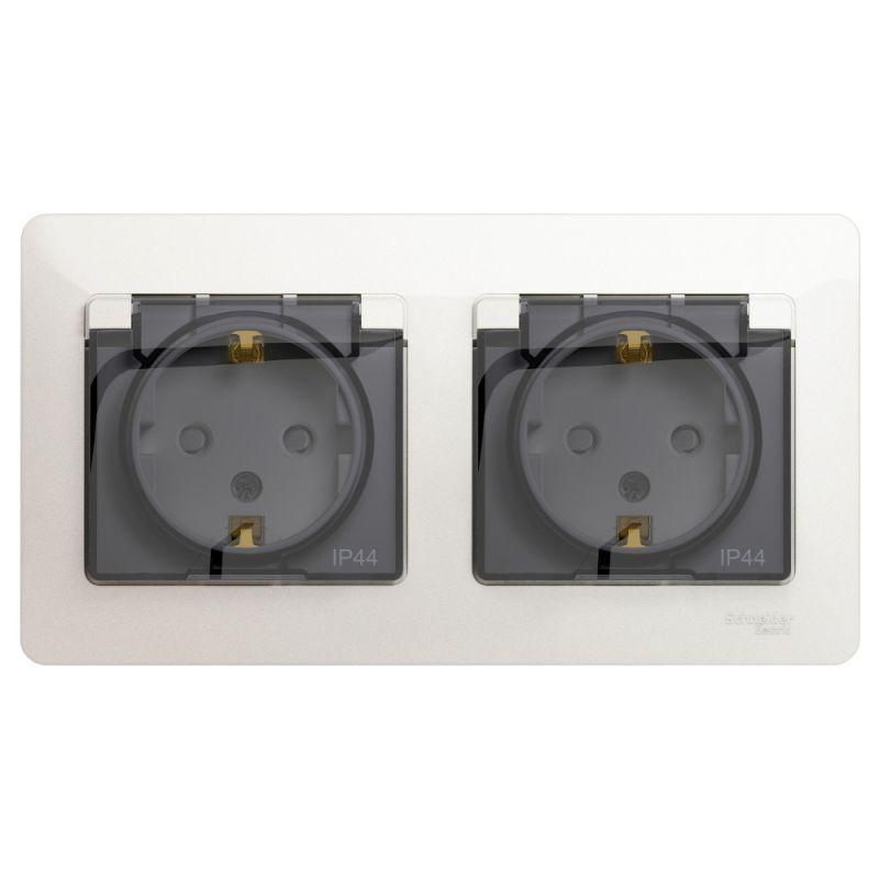 розетка 2-м сп 2мод. glossa 16а ip44 с заземл. защ. шторки в сборе перламутр. se gsl000647 от BTSprom.by