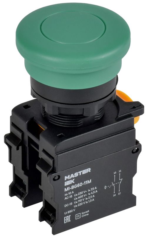 кнопка "грибок" d22мм 1но+1нз master с фиксацией зел. iek mi-bg60-11m-3-21-k06 от BTSprom.by
