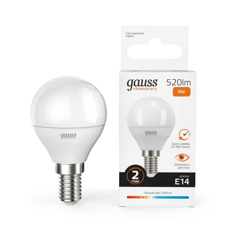 лампа светодиодная elementary 8вт p45 шар 3000к тепл. бел. e14 520лм gauss 53118 от BTSprom.by