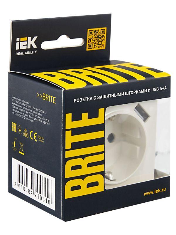  Розетка BRITE РЮш10-1-БрЖ 16А с USB A+A 2.1А с заземл. защ. шторки механизм жемчуж. IEK BR-R14-16-U21-D21-K36 фото в каталоге от BTSprom.by