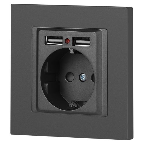  Розетка 1-м СП Accent 6-410-07 16А IP20 250В P+E Schuko + 2хUSB защ. шторки графит Intro Б0063702 фото в каталоге от BTSprom.by