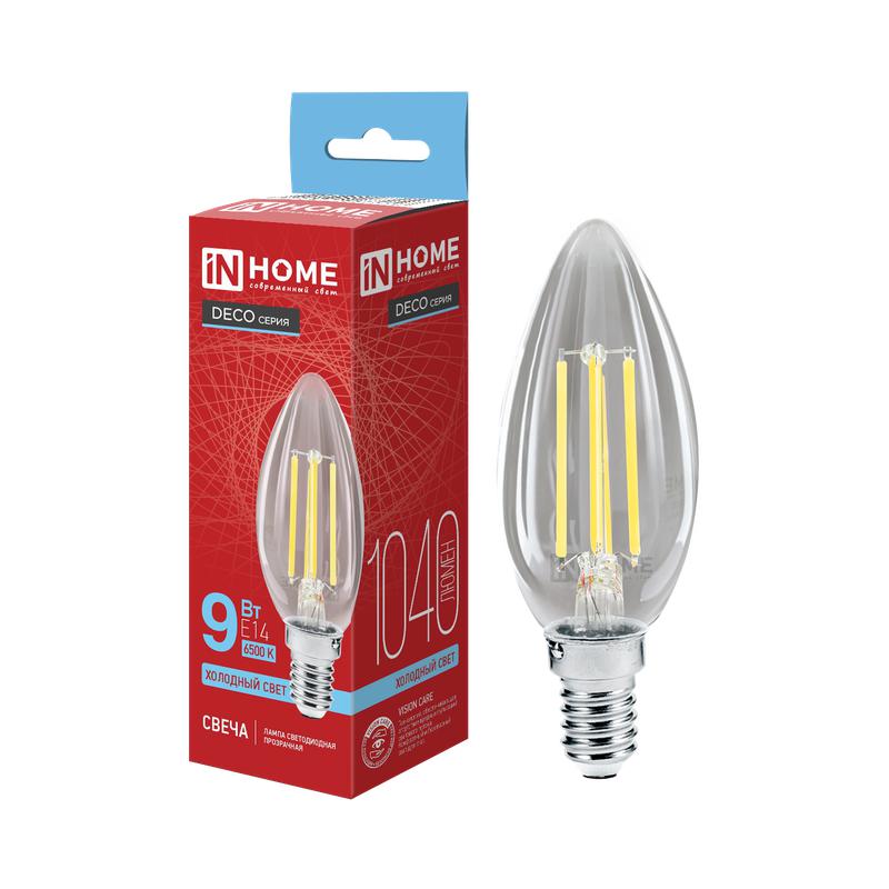 лампа светодиодная led-свеча-deco 9вт свеча прозрачная 6500к e14 1040лм 230в in home 4690612067056 от BTSprom.by