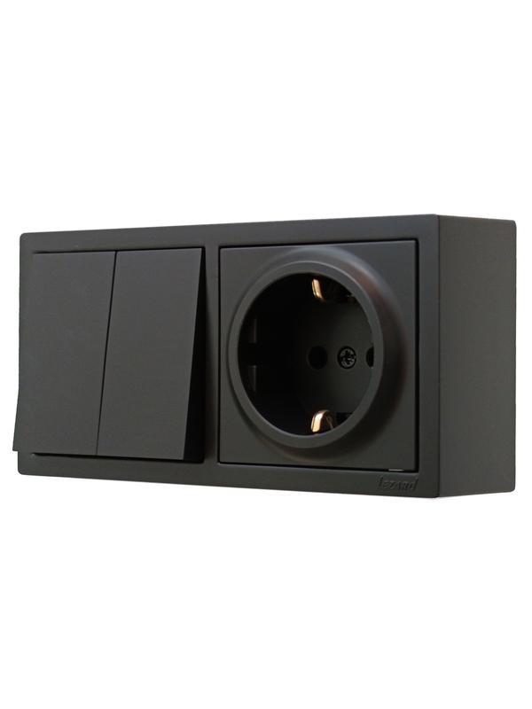  Блок ОП LETO (2-кл. выключатель + 1-м розетка с заземл.) горизонт. черн. бархат LEZARD 752-4200-170BKP фото в каталоге от BTSprom.by