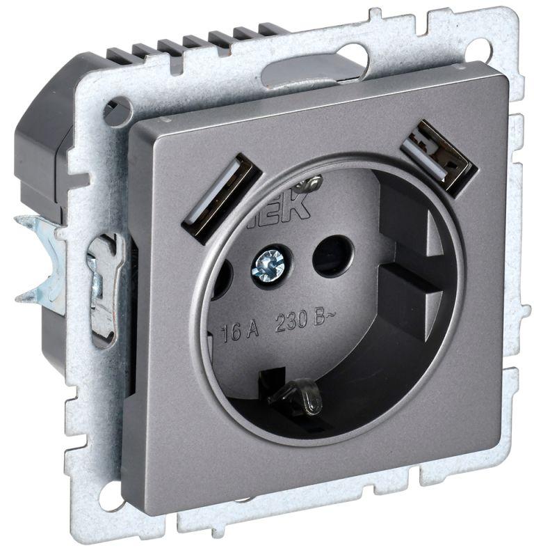 розетка brite рюш10-2-брс 16а с usb a+a 3.1а с заземл. защ. шторки сталь iek br-r14-16-u21-d31-k46 от BTSprom.by