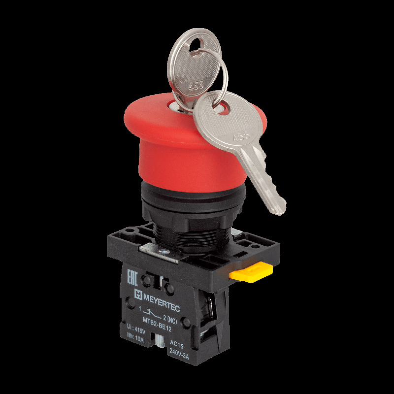 кнопка грибовидная аварийной остановки с ключом 40мм возврат поворотом с фиксацией 1nc ip54 пластик mtb2-es142 красн. овен 139423 от BTSprom.by