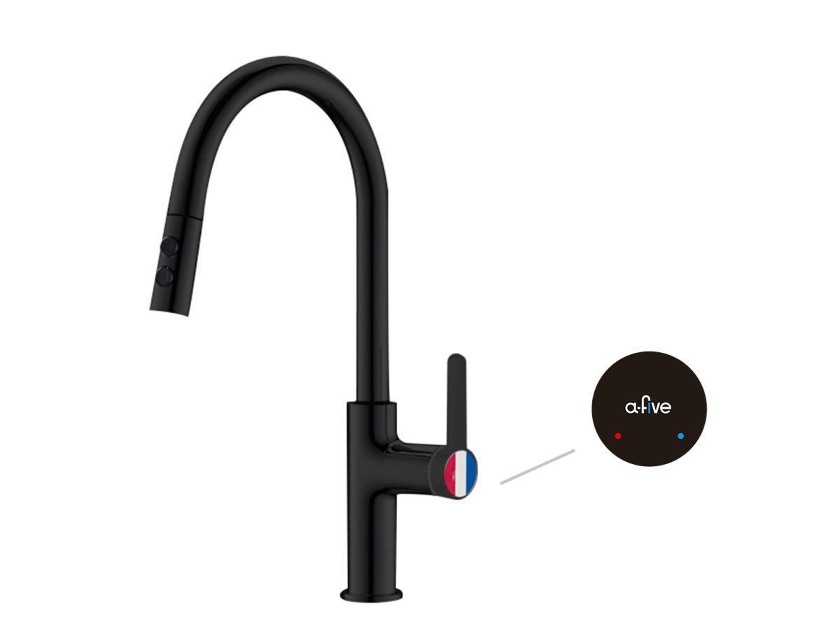  Смеситель для кухни (Lt) D35, серия Lotus черный, a-five (J-излив: длина 208 мм, высота 285 мм, вытягивающийся двухрежимный) A5-0625 фото в каталоге от BTSprom.by