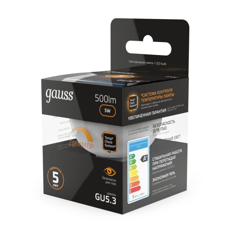 Лампа светодиодная Black 5Вт MR16 софит 3000К тепл. бел. GU5.3 500лм диммир. GAUSS 101505105-D фото в каталоге от BTSprom.by