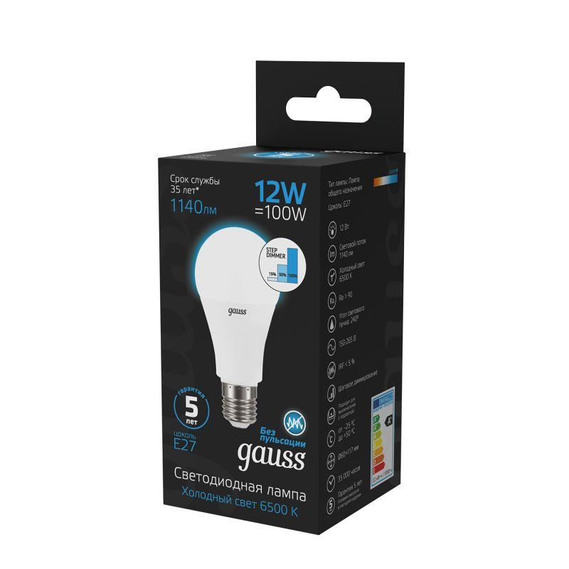 Лампа светодиодная Black 12Вт A60 грушевидная 6500К холод. бел. E27 1140лм шаг. диммир. GAUSS 102502312-S фото в каталоге от BTSprom.by