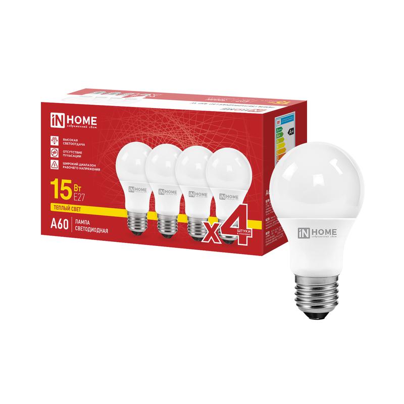 лампа светодиодная led-a60-vc 4pack 15вт грушевидная 3000к e27 1430лм 230в (уп.4шт) in home 4690612063041 от BTSprom.by