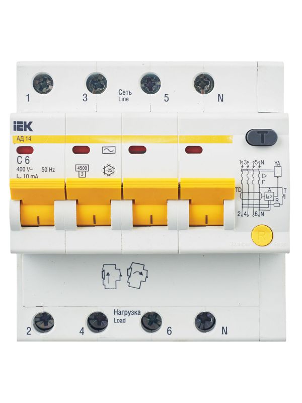  Выключатель автоматический дифференциального тока 4п C 6А 10мА тип AC 4.5кА АД-14 KARAT IEK MAD10-4-006-C-010 фото в каталоге от BTSprom.by