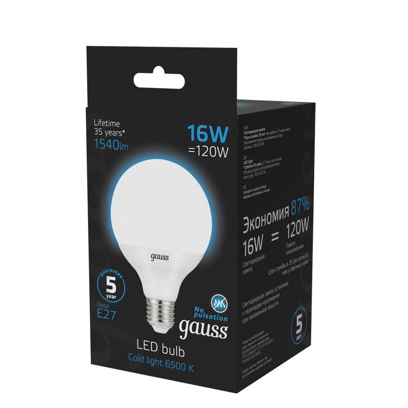 Лампа светодиодная Black 16Вт G95 шар 6500К холод. бел. E27 1540лм GAUSS 105102316 фото в каталоге от BTSprom.by
