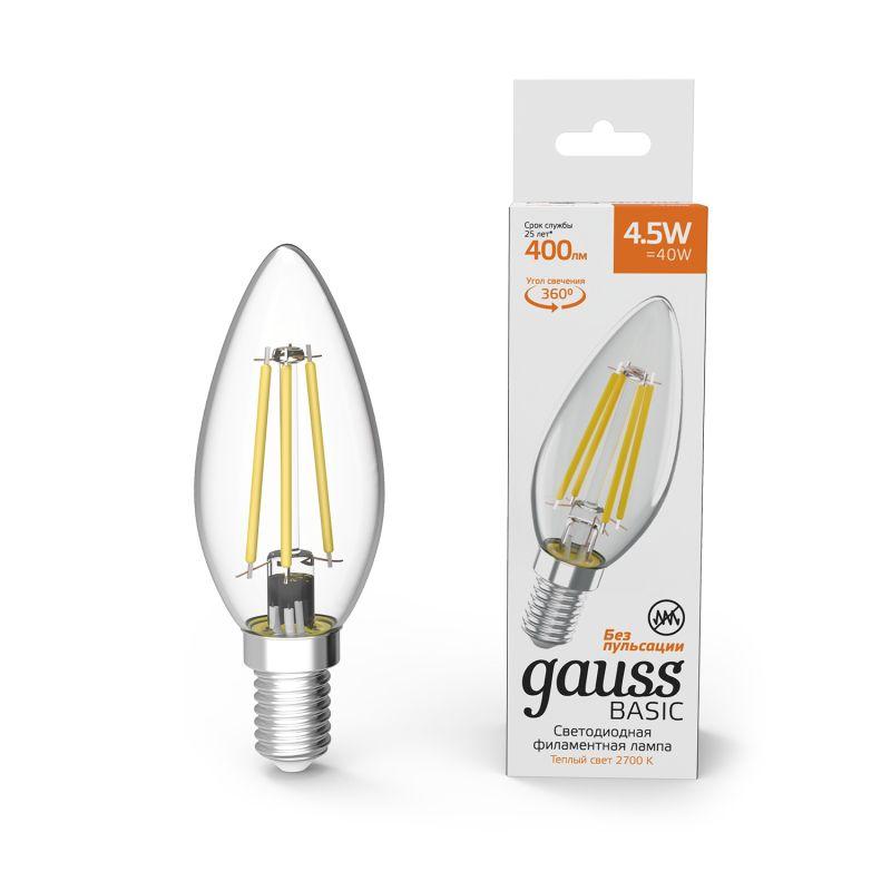 лампа светодиодная филаментная basic 4.5вт свеча 2700к тепл. бел. e14 400лм gauss 1031115 от BTSprom.by