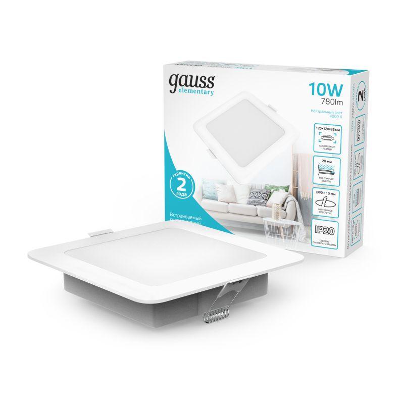 светильник светодиодный elementary downlight 10вт 4000к 780лм 170-260в ip20 120х26 квадрат монтаж бел. gauss 998420209 от BTSprom.by