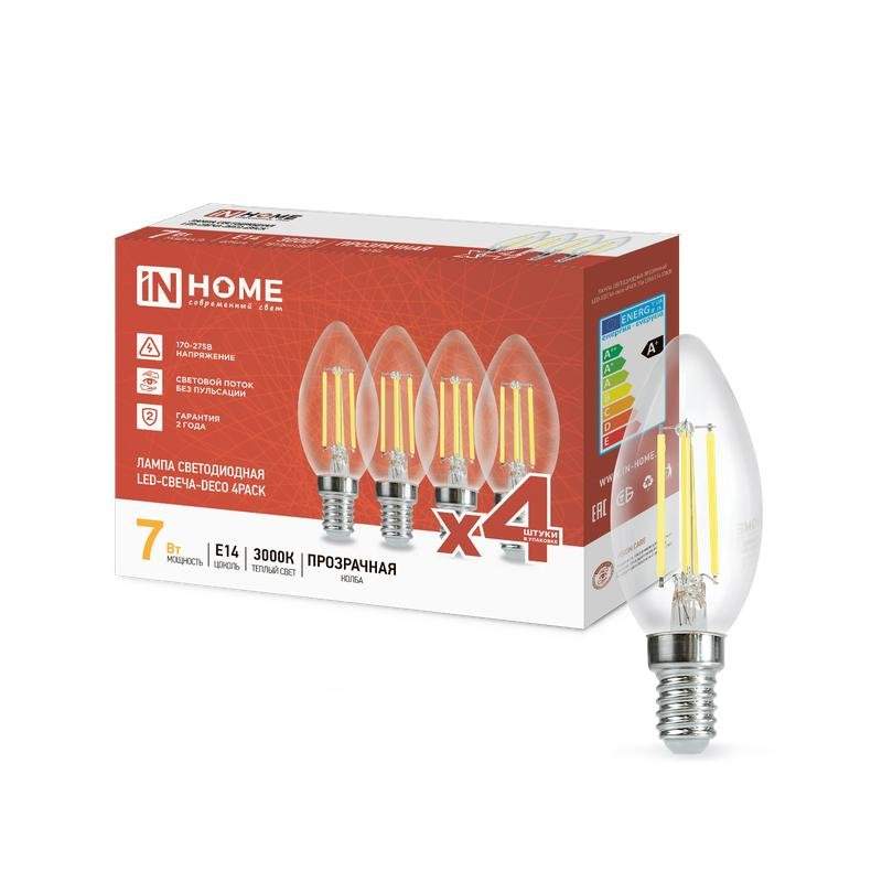лампа светодиодная led-свеча-deco 4pack 7вт прозрачная 230в e14 3000к 810лм (уп.4шт) in home 4690612053431 от BTSprom.by