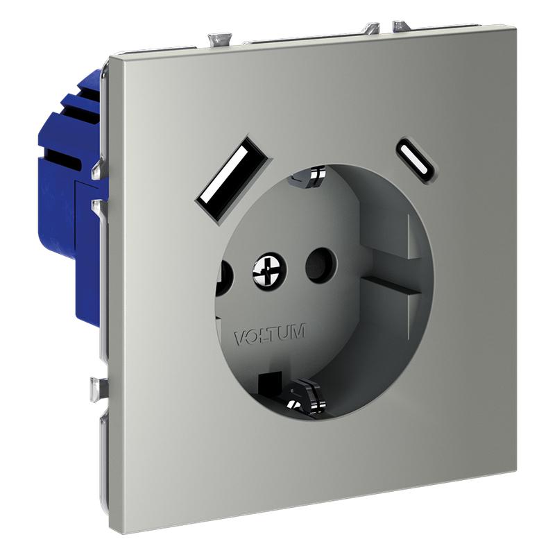  Розетка 1-м СП S70 16А с USB A+С с заземл. защ. шторки механизм сталь Voltum VLS040505 фото в каталоге от BTSprom.by