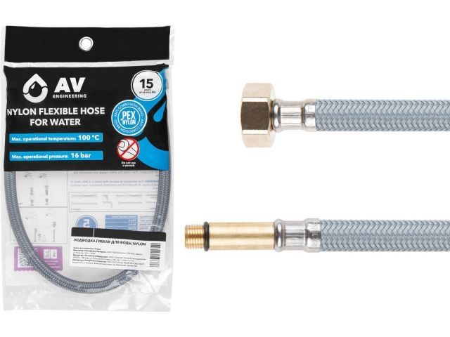 подводка гибкая, nylon, иголка м10 длинная - гайка 1/2" 40 см av engineering (16 bar, 100°с, в пакете) ave21040 от BTSprom.by
