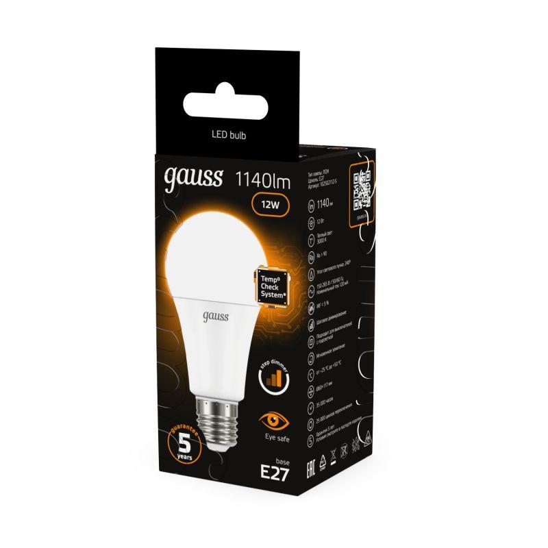 Лампа светодиодная Black 12Вт A60 грушевидная 3000К тепл. бел. E27 1140лм шаг. диммир. GAUSS 102502112-S фото в каталоге от BTSprom.by