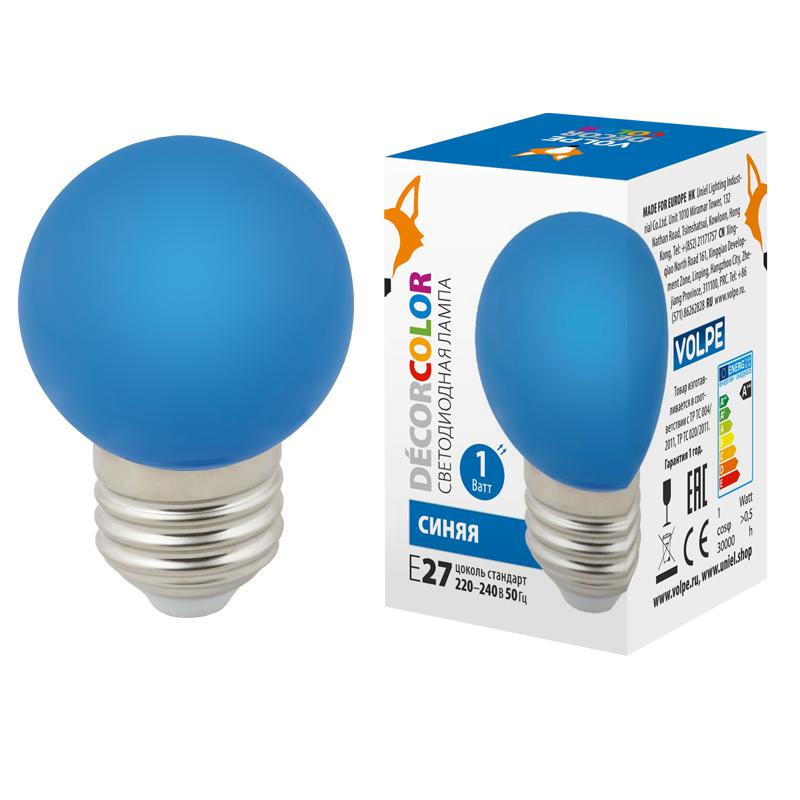 лампа светодиодная led-g45-1w/blue/e27/fr/с 1вт шар матовая син. e27 декоративная (упак. картон) volpe ul-00005647 от BTSprom.by