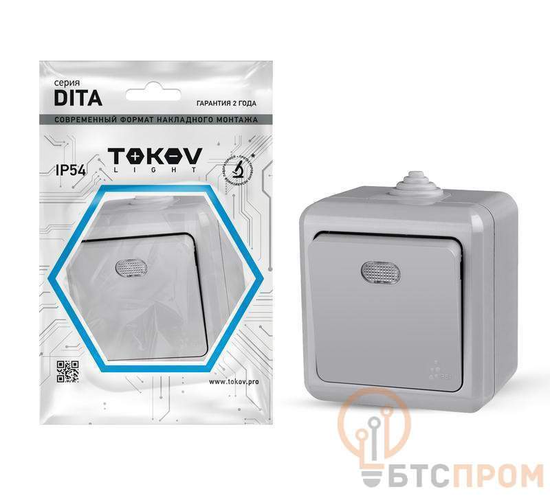  Выключатель 1-кл. ОП Dita IP54 10А 250В с индикацией сер. TOKOV ELECTRIC TKL-DT-V1I-C06-IP54 фото в каталоге от BTSprom.by