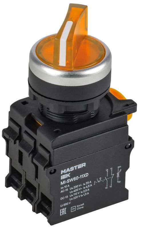 переключатель 2 полож. 1но+1нз с подсветкой желт. master iek mi-sw60-11xd-3-14-2-k05 от BTSprom.by