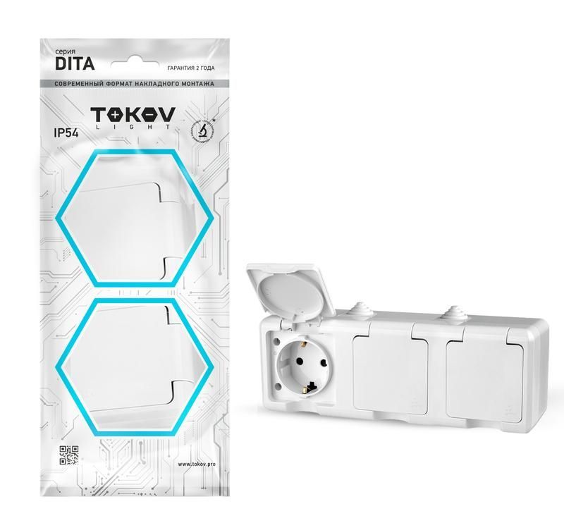 розетка 3-м оп dita 16а ip54 250в с заземл. с крышкой бел. tokov electric tkl-dt-r3z-c01-ip54 от BTSprom.by