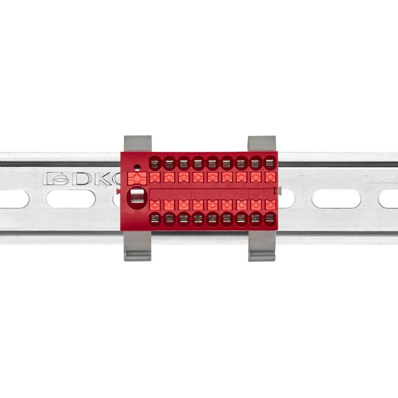  Блок распределительный с горизонт. адаптером на рейку шир. 35мм зажим push-in 1 ввод 6кв.мм 18 точек подключения 2.5кв.мм красн. DKC DTP1-118-104SPUR-H фото в каталоге от BTSprom.by