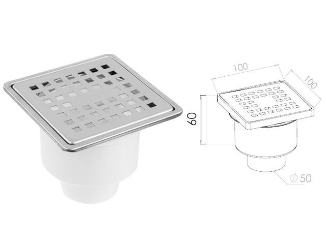 сливной трап вертикальный d 50 с сухим затвором, с рамкой, решетка нерж. 100х100 мм, av engineering ave5010101 от BTSprom.by