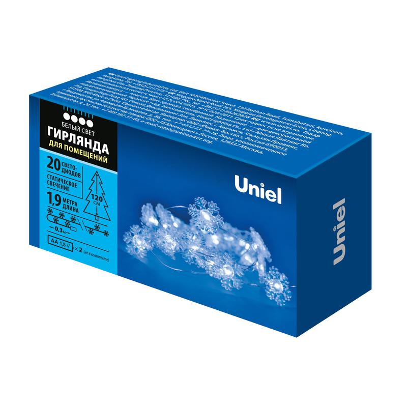 гирлянда uld-s1900-020/stb/2aa white ip20 snowflakes mini "снежинки мини" 2aa (не в/к) 1.9м 20 led провод прозр. uniel ul-00008620 от BTSprom.by