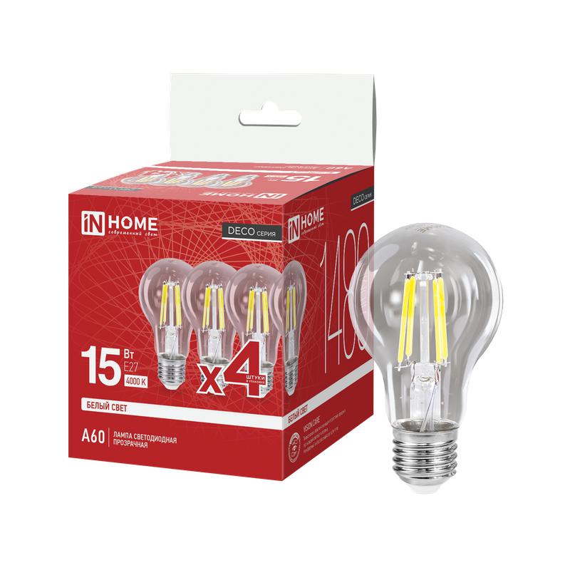 лампа светодиодная led-a60-deco 4pack 15вт прозрачная 4000к e27 1480лм 230в (уп.4шт) in home 4690612063218 от BTSprom.by