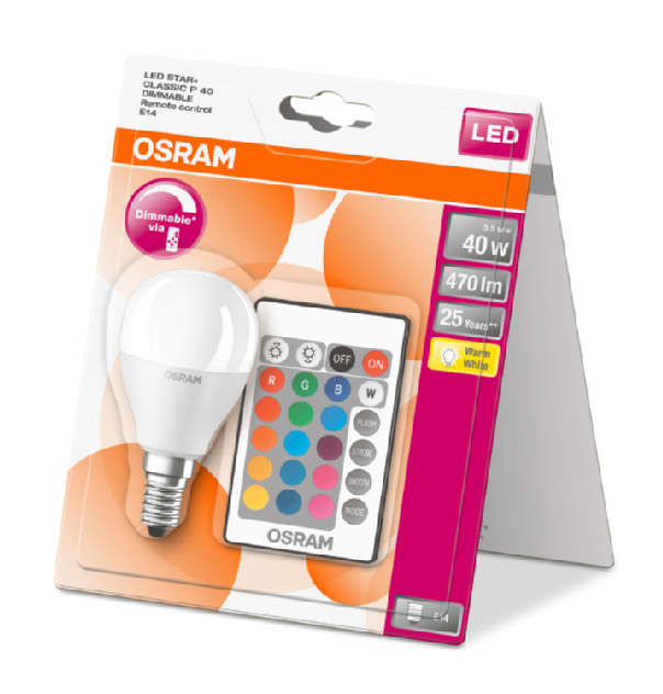 Лампа светодиодная LED Star P 40 5.5W/827 5.5Вт шар матовая 2700К тепл. бел. E14 470лм 220-240В RGBW + DIM с пультом диммир. пластик. OSRAM 4058075144385 фото в каталоге от BTSprom.by