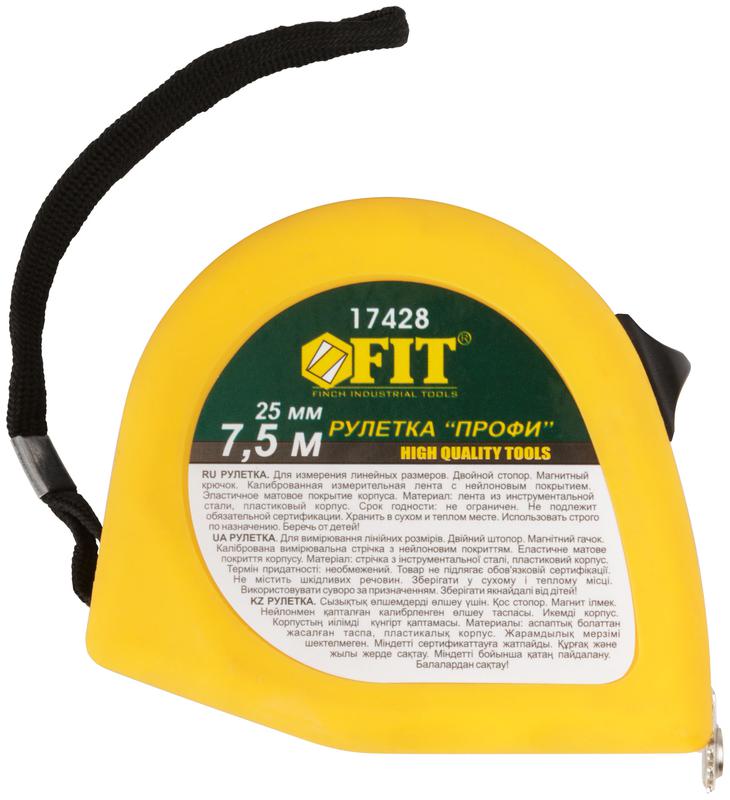  Рулетка Профи 7.5мх25мм калибр. лента; нейлон. покрытие; магн. крючок; эласт. корпус; двойн. стопор черн./желт. FIT 17428 фото в каталоге от BTSprom.by