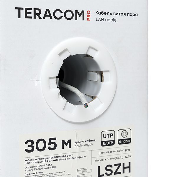  Кабель витая пара U/UTP кат.6 4 пары 23 AWG solid LSZH нг(А)-HF сер. (уп.305м) TERACOM PRO EKF TRP-6UTP-04LSH-GY-IN3 фото в каталоге от BTSprom.by