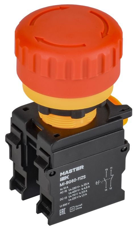 кнопка "грибок" 1но+1нз master поворотн. с фиксацией красн. iek mi-bg60-11zs-3-23-k04 от BTSprom.by