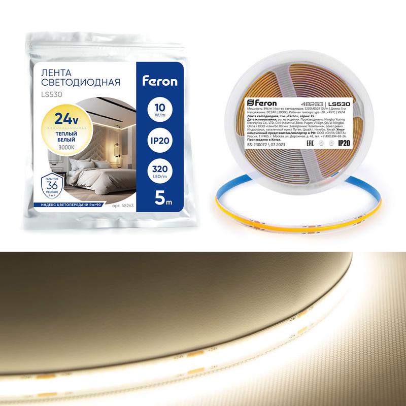 лента светодиодная 320smd(2110) 10вт/м 24в 5000х8х1.8мм ip20 3000к ls530 (уп.5м) feron 48263 от BTSprom.by
