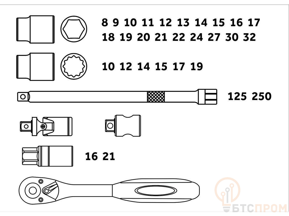  Набор головок 1/2" 8-32мм 32предм. PRO STARTUL (PRO-032) (6 граней) фото в каталоге от BTSprom.by