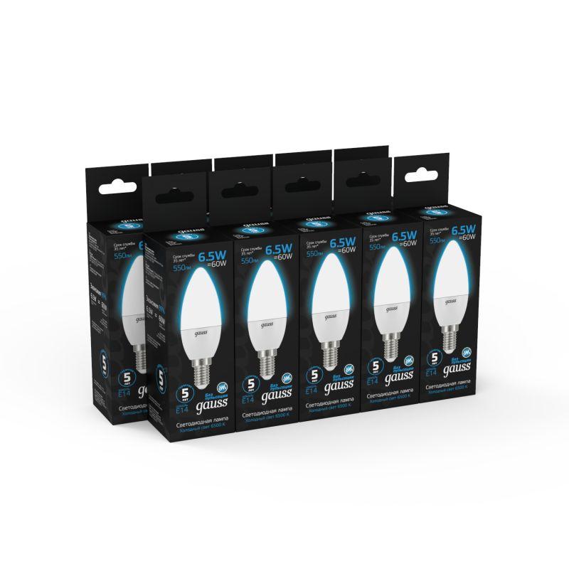 Лампа светодиодная Black 6.5Вт свеча 6500К холод. бел. E14 550лм GAUSS 103101307 фото в каталоге от BTSprom.by