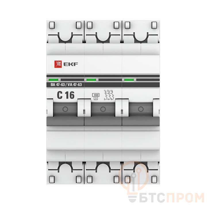  Выключатель автоматический модульный 3п C 16А 4.5кА ВА 47-63 PROxima EKF mcb4763-3-16C-pro фото в каталоге от BTSprom.by