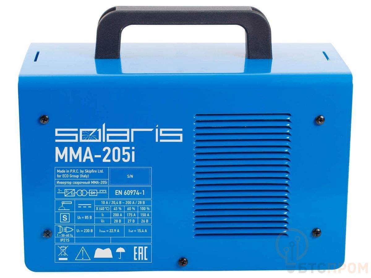  Инвертор сварочный SOLARIS MMA-205i (230В, 10-200 А, 85В, электроды диам. 1.6-4.0 мм, вес 5.1 кг) фото в каталоге от BTSprom.by