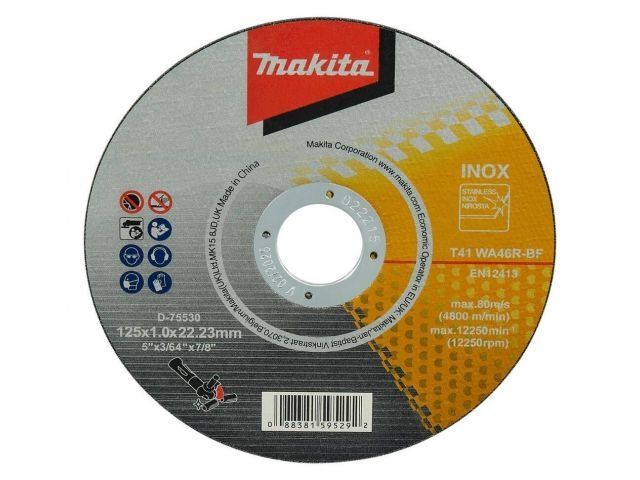 круг отрезной 125х1.0х22,22 мм  для стали/нержавеющей стали плоский wa46r makita (125х1х22,23, для стали и нержавеющей стали) d-75530 от BTSprom.by