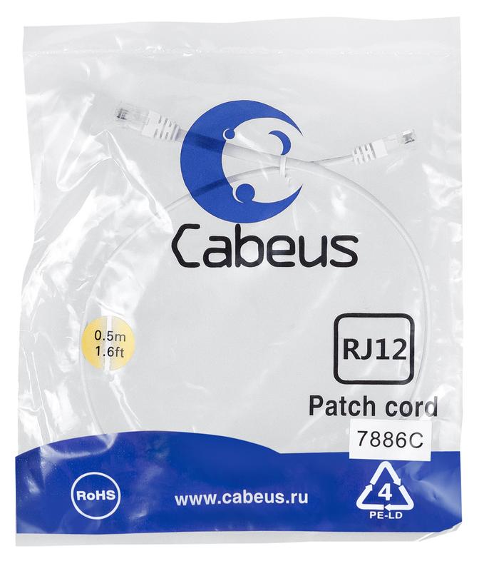патч-корд телефонный pc-tel-rj12-0.5m 2х6р4с pvc 0.5м бел. cabeus 7886c от BTSprom.by