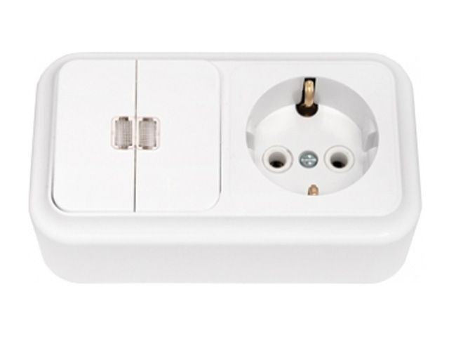 блок выкл. 2 клав. + розетка (открытая, с/з) со световой индикацией, белая, пралеска, bylectrica 2в-рц-569 от BTSprom.by
